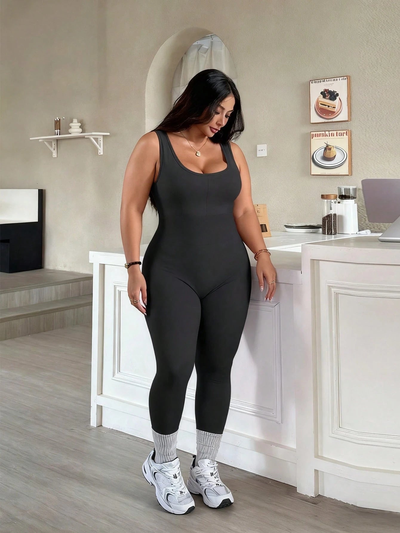 Rhythm Era 1pc Plus Size Black Fashion Backless Jumpsuit, Comfortable Elastic Seamless Knit Yoga Fitness Workout