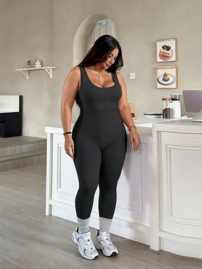 Rhythm Era 1pc Plus Size Black Fashion Backless Jumpsuit, Comfortable Elastic Seamless Knit Yoga Fitness Workout