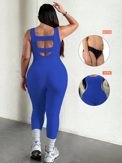 Rhythm Era 1pc Plus Size Black Fashion Backless Jumpsuit, Comfortable Elastic Seamless Knit Yoga Fitness Workout