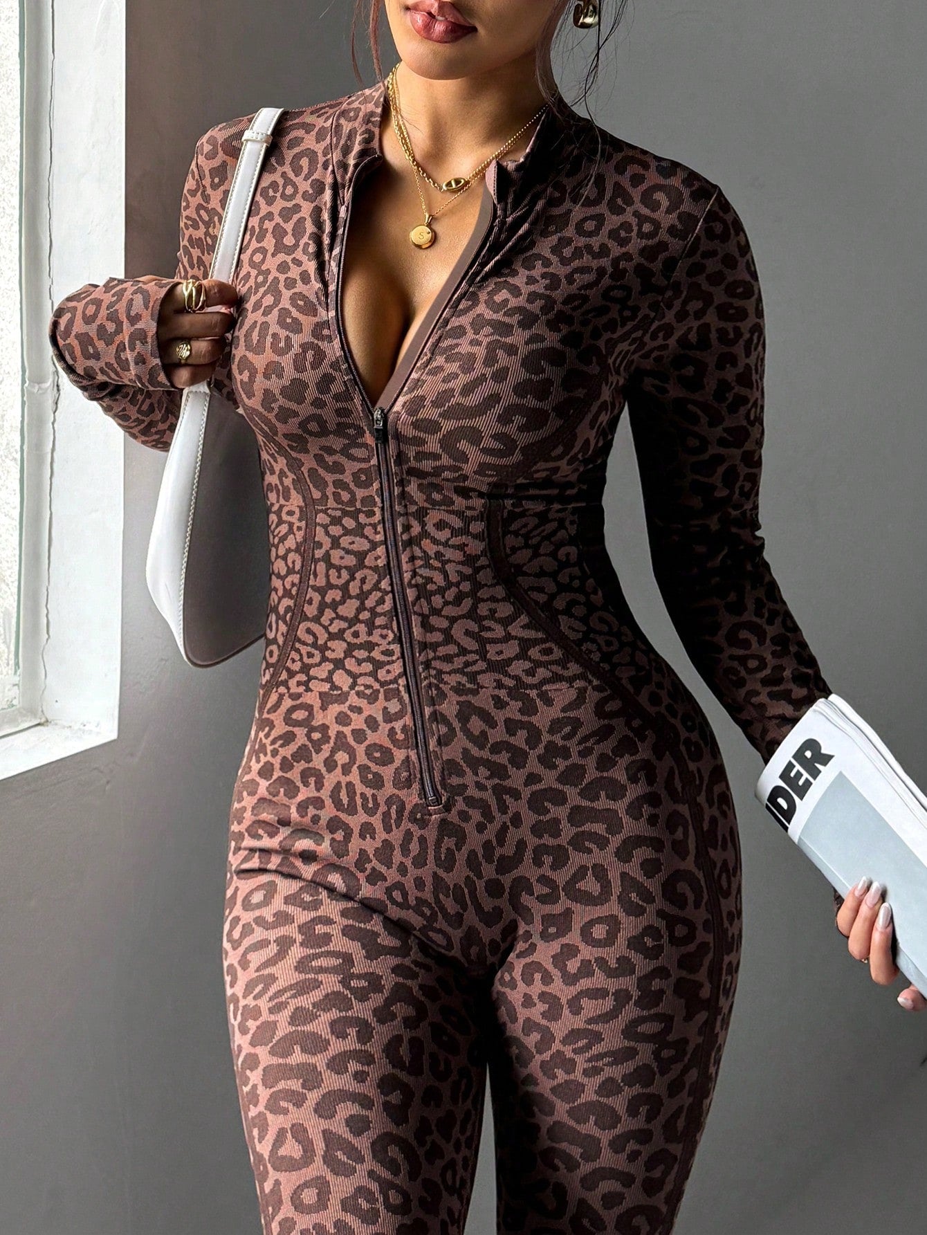 Rhythm Era 1pc Women Plus Size Seamless Front Zipper Thumb Hole Long Sleeve Mock Neck Sexy Leopard Print Fitness Yoga Exercise Dance Gymnastics Leggings Jumpsuit