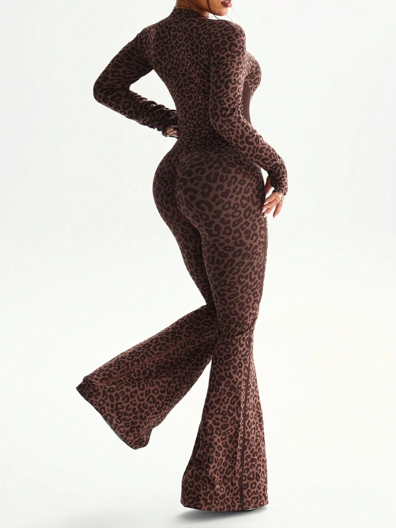Rhythm Era 1pc Women Plus Size Seamless Front Zipper Thumb Hole Long Sleeve Mock Neck Sexy Leopard Print Fitness Yoga Exercise Dance Gymnastics Leggings Jumpsuit