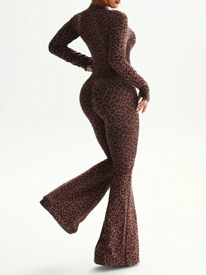 Rhythm Era 1pc Women Plus Size Seamless Front Zipper Thumb Hole Long Sleeve Mock Neck Sexy Leopard Print Fitness Yoga Exercise Dance Gymnastics Leggings Jumpsuit