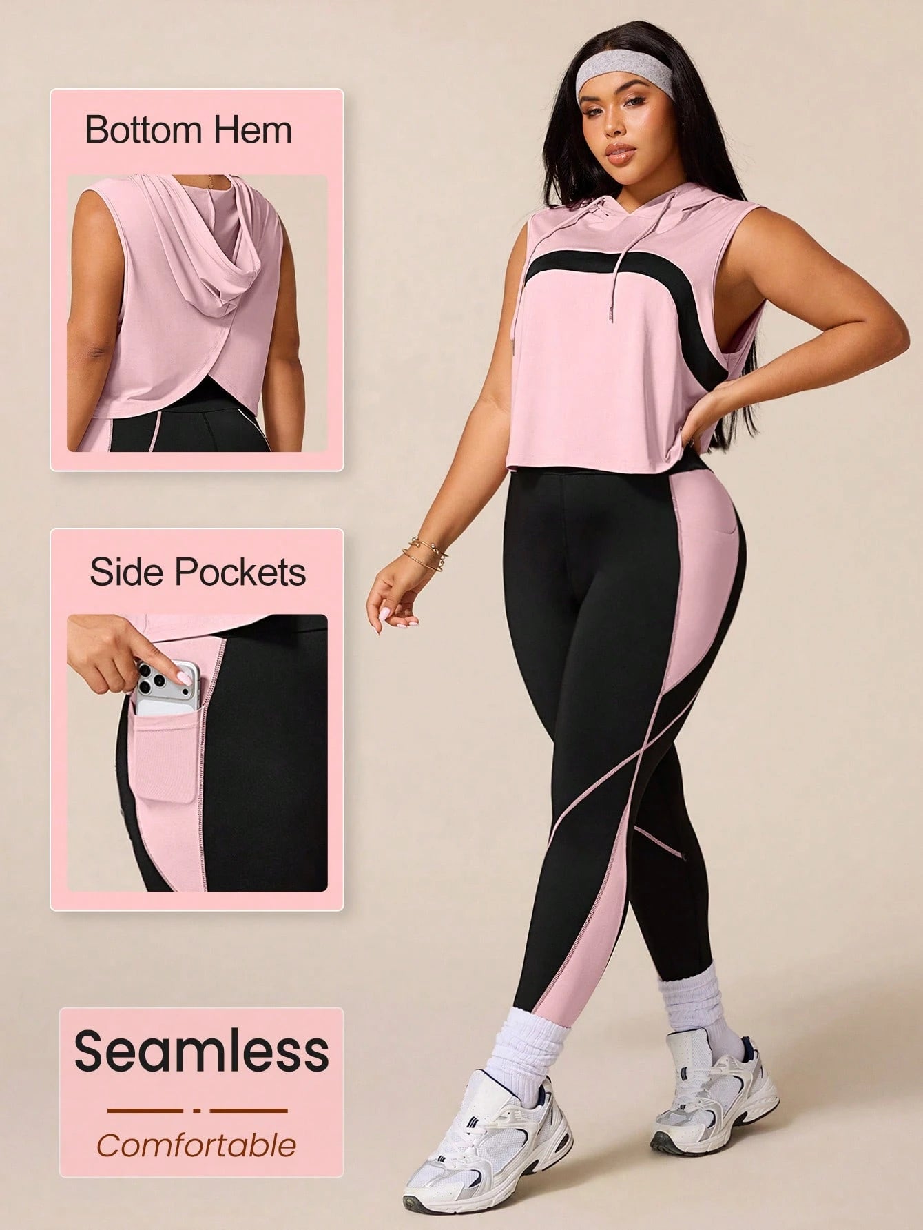 Rhythm Era Women's Black Summer Athletic Midsize Gym Plus Size Workout Sets,Drawstring Hooded Sleeveless Sweatshirt&Tight Contrast Color Leggings Active Wear