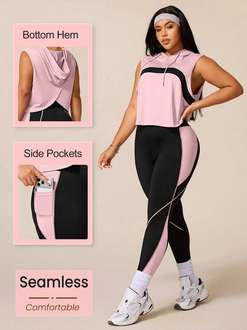 Rhythm Era Women's Black Summer Athletic Midsize Gym Plus Size Workout Sets,Drawstring Hooded Sleeveless Sweatshirt&Tight Contrast Color Leggings Active Wear