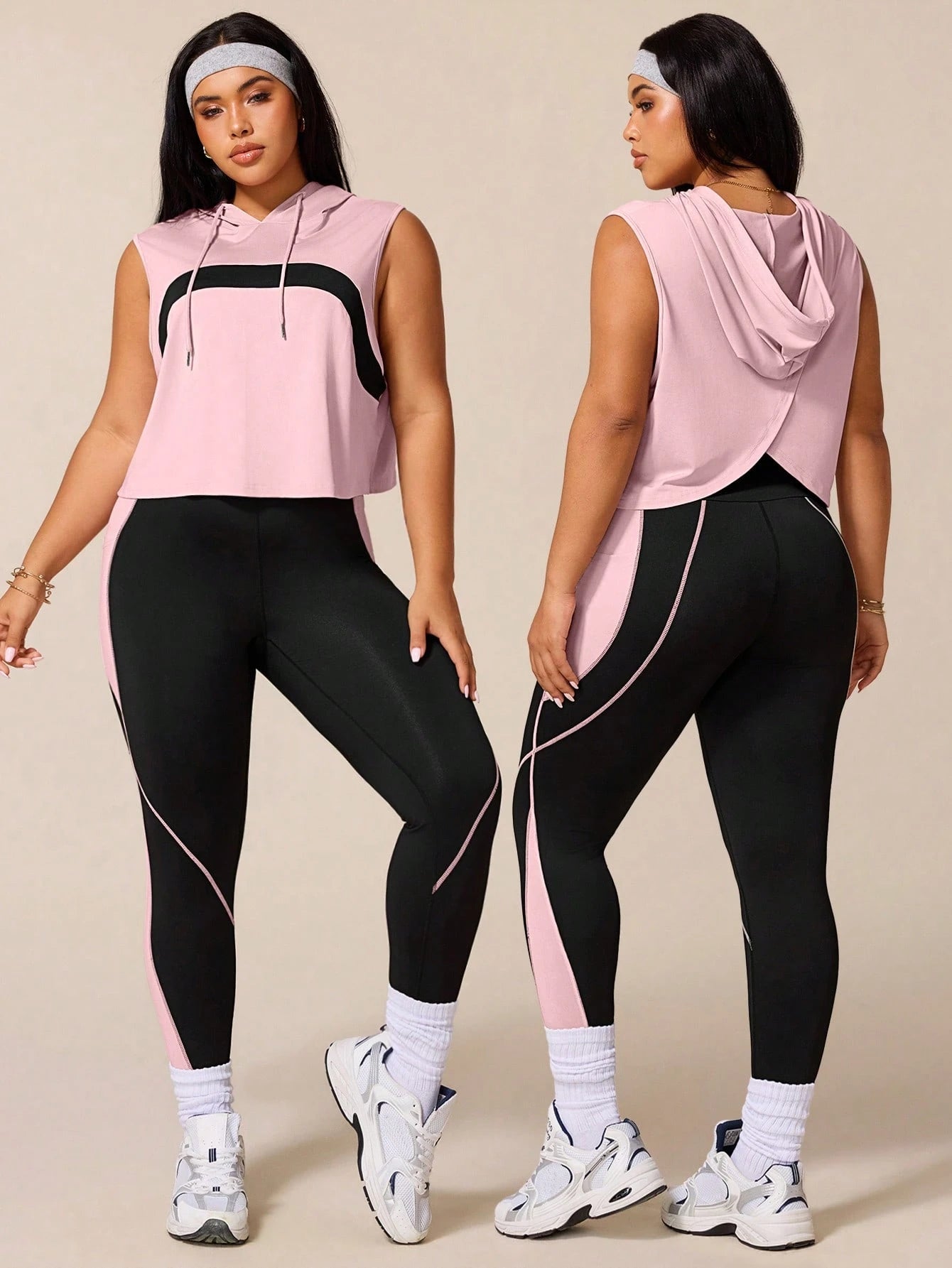Rhythm Era Women's Black Summer Athletic Midsize Gym Plus Size Workout Sets,Drawstring Hooded Sleeveless Sweatshirt&Tight Contrast Color Leggings Active Wear