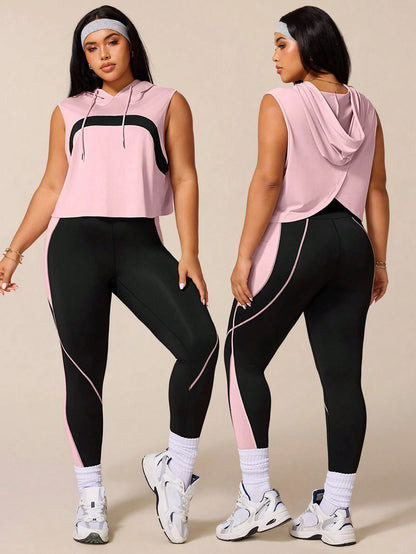 Rhythm Era Women's Black Summer Athletic Midsize Gym Plus Size Workout Sets,Drawstring Hooded Sleeveless Sweatshirt&Tight Contrast Color Leggings Active Wear