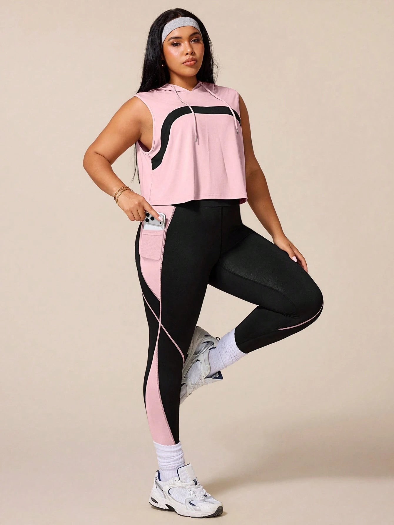 Rhythm Era Women's Black Summer Athletic Midsize Gym Plus Size Workout Sets,Drawstring Hooded Sleeveless Sweatshirt&Tight Contrast Color Leggings Active Wear
