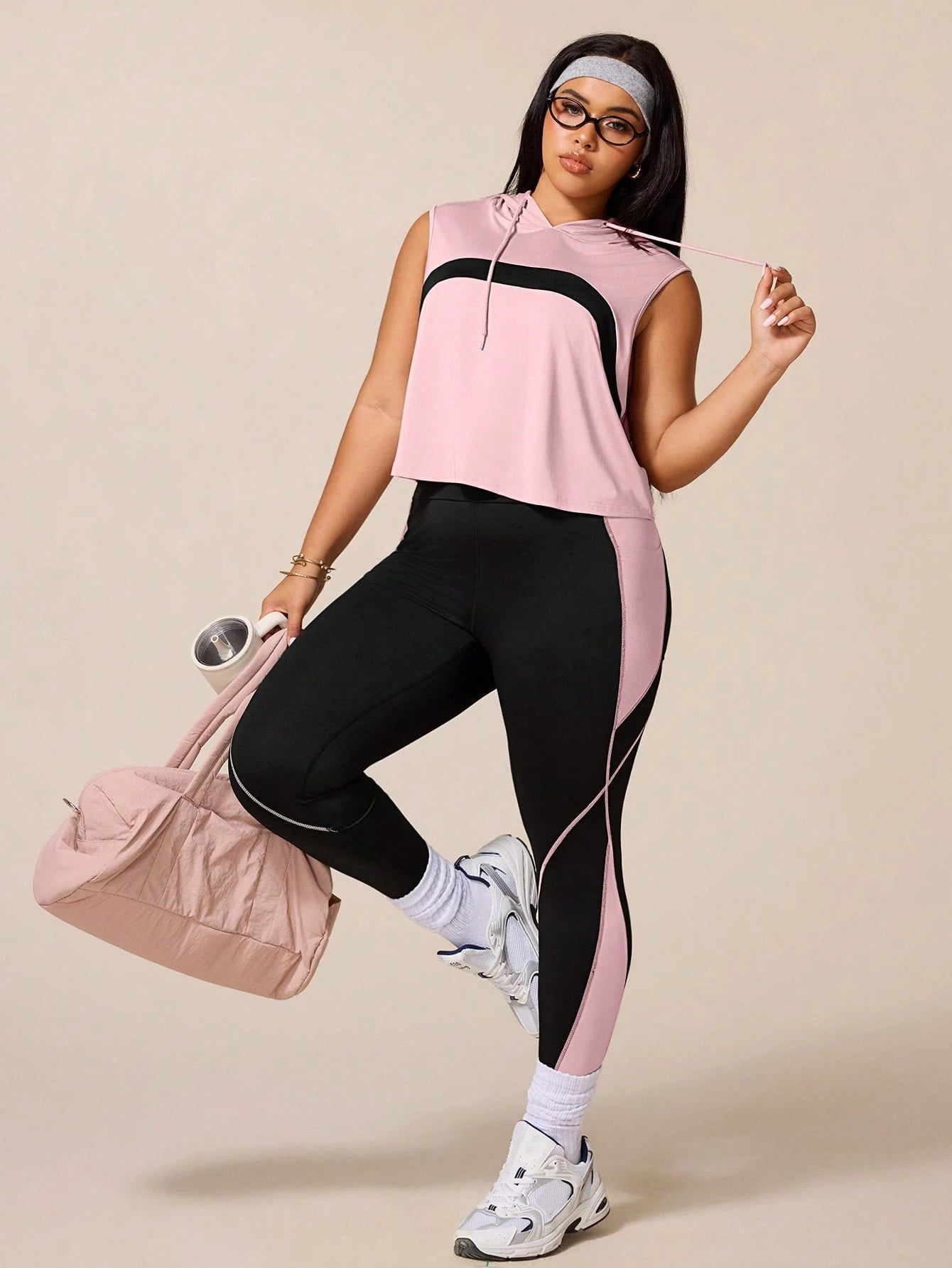 Rhythm Era Women's Black Summer Athletic Midsize Gym Plus Size Workout Sets,Drawstring Hooded Sleeveless Sweatshirt&Tight Contrast Color Leggings Active Wear