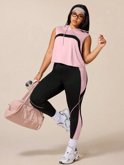 Rhythm Era Women's Black Summer Athletic Midsize Gym Plus Size Workout Sets,Drawstring Hooded Sleeveless Sweatshirt&Tight Contrast Color Leggings Active Wear