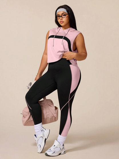 Rhythm Era Women's Black Summer Athletic Midsize Gym Plus Size Workout Sets,Drawstring Hooded Sleeveless Sweatshirt&Tight Contrast Color Leggings Active Wear
