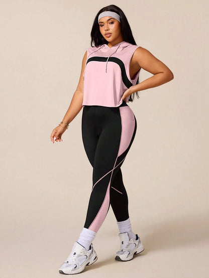 Rhythm Era Women's Black Summer Athletic Midsize Gym Plus Size Workout Sets,Drawstring Hooded Sleeveless Sweatshirt&Tight Contrast Color Leggings Active Wear