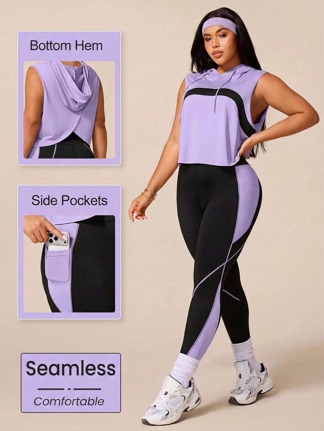 Rhythm Era Women's Black Summer Athletic Midsize Gym Plus Size Workout Sets,Drawstring Hooded Sleeveless Sweatshirt&Tight Contrast Color Leggings Active Wear
