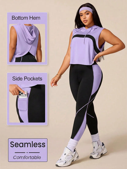 Rhythm Era Women's Black Summer Athletic Midsize Gym Plus Size Workout Sets,Drawstring Hooded Sleeveless Sweatshirt&Tight Contrast Color Leggings Active Wear