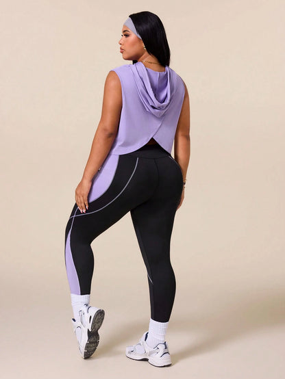Rhythm Era Women's Black Summer Athletic Midsize Gym Plus Size Workout Sets,Drawstring Hooded Sleeveless Sweatshirt&Tight Contrast Color Leggings Active Wear