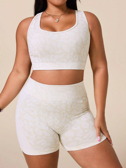 Rhythm Era Women's Leopard Print Criss-Cross Back Tank Top And Shorts Sports Set