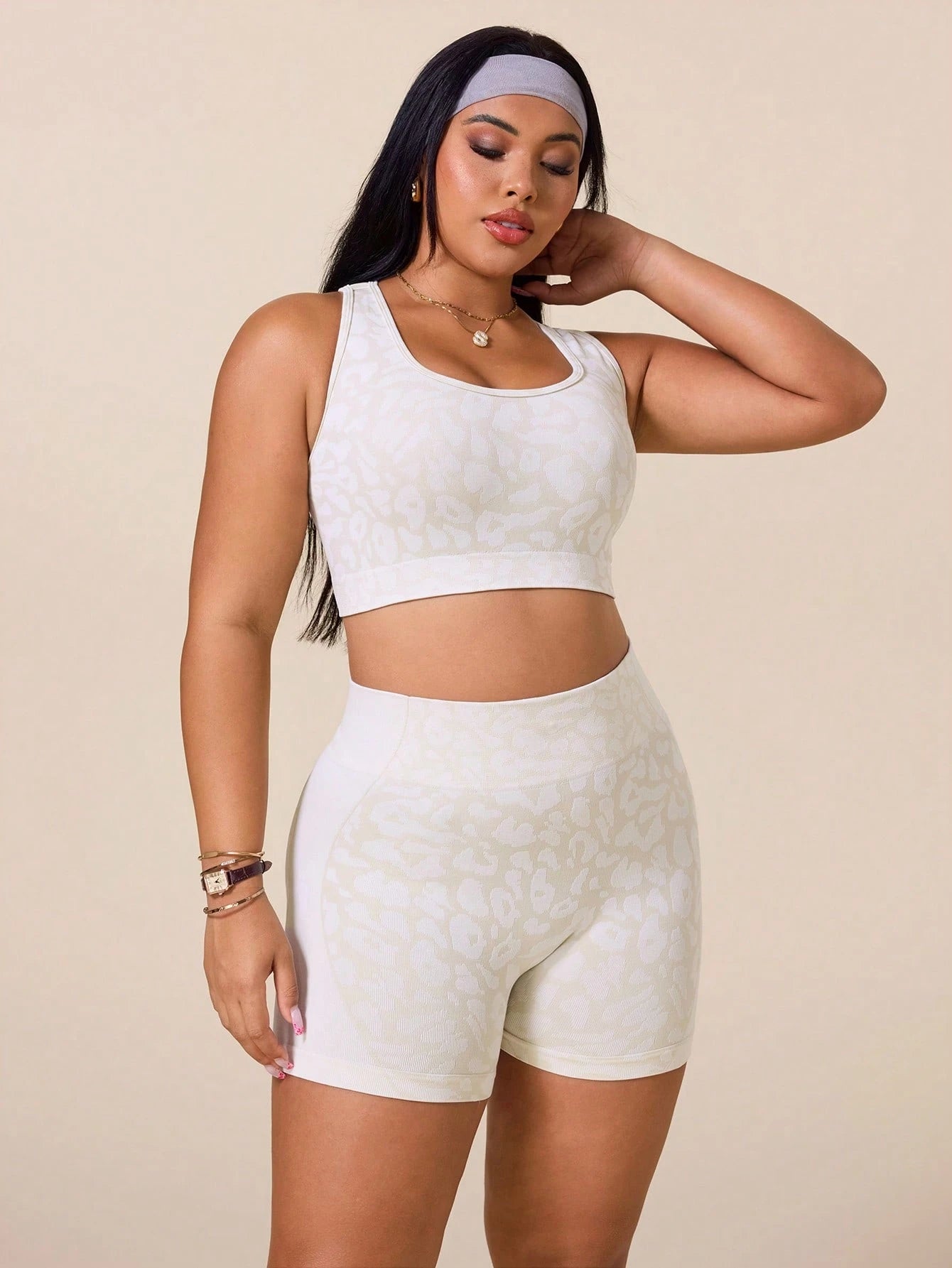 Rhythm Era Women's Leopard Print Criss-Cross Back Tank Top And Shorts Sports Set