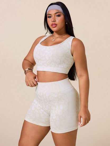 Rhythm Era Women's Leopard Print Criss-Cross Back Tank Top And Shorts Sports Set
