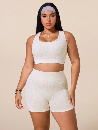 Rhythm Era Women's Leopard Print Criss-Cross Back Tank Top And Shorts Sports Set