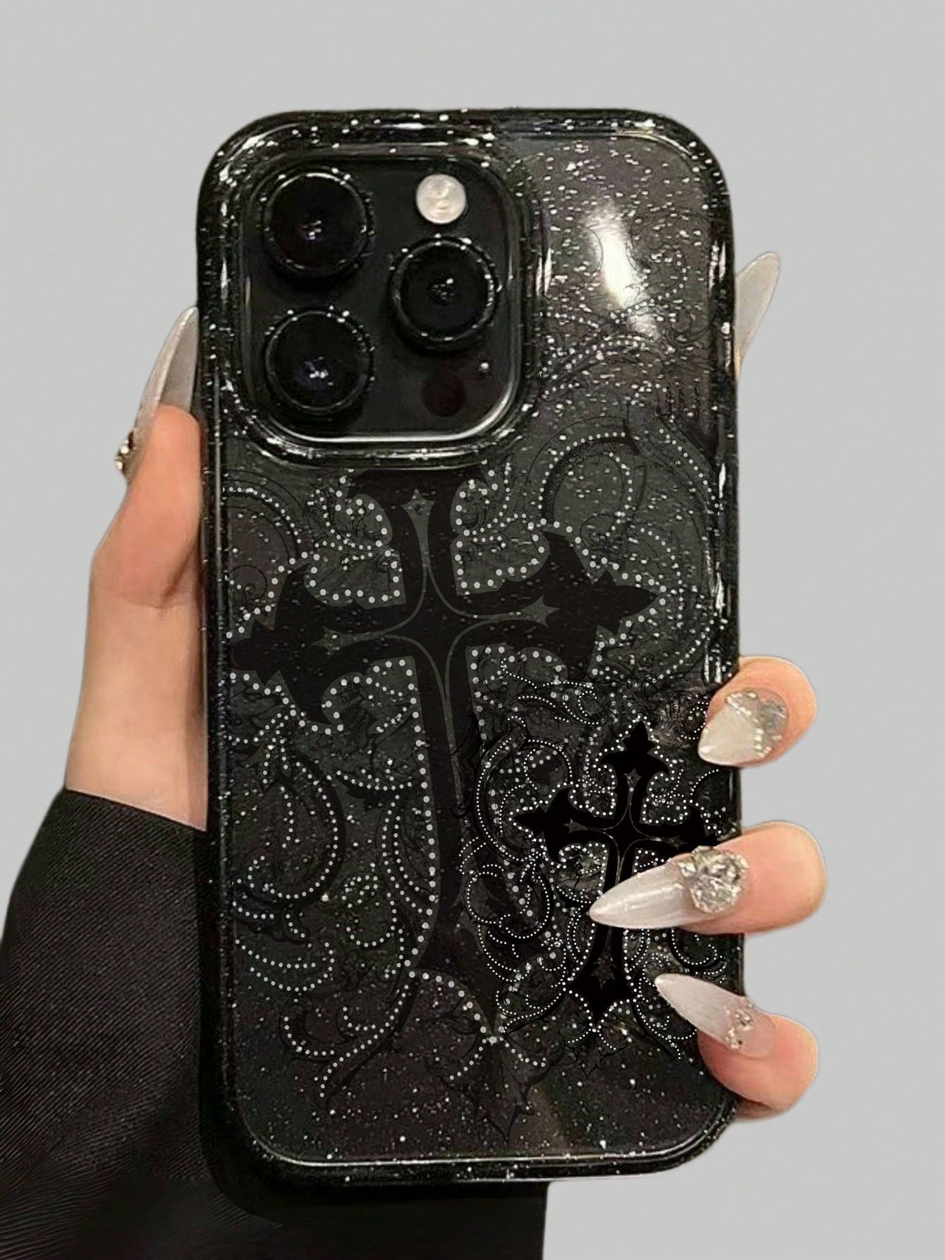 ROMWE 1pc Gothic Style Cross Pattern Transparent Glitter Phone Case, Halloween