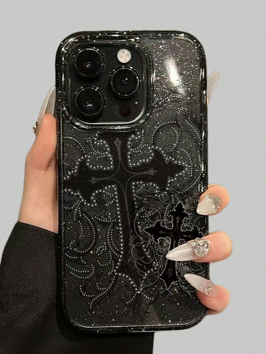 ROMWE 1pc Gothic Style Cross Pattern Transparent Glitter Phone Case, Halloween