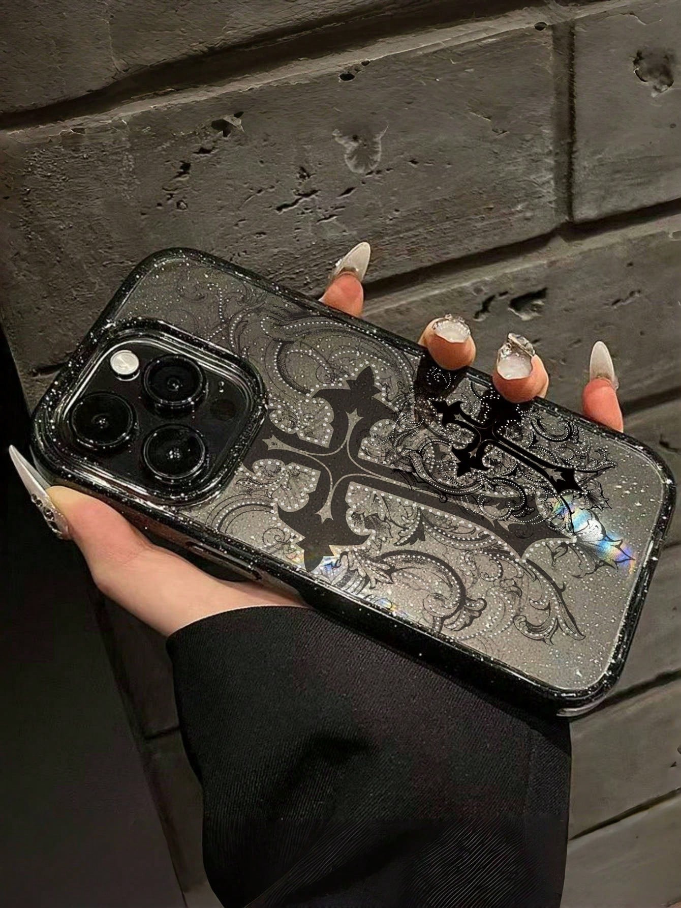 ROMWE 1pc Gothic Style Cross Pattern Transparent Glitter Phone Case, Halloween
