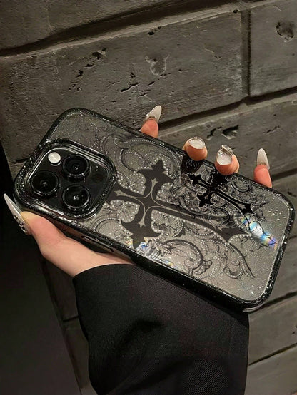 ROMWE 1pc Gothic Style Cross Pattern Transparent Glitter Phone Case, Halloween