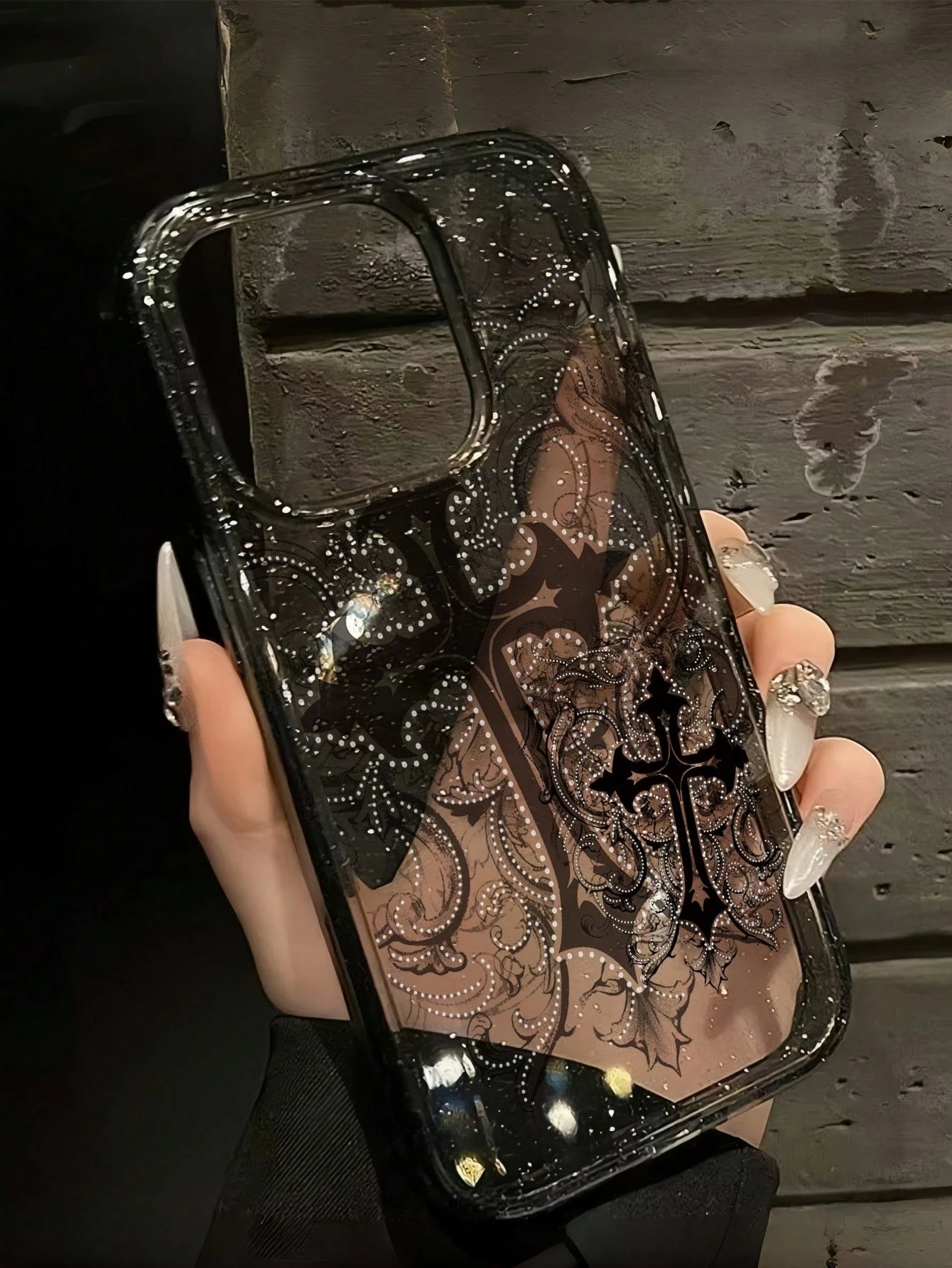 ROMWE 1pc Gothic Style Cross Pattern Transparent Glitter Phone Case, Halloween