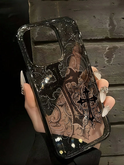 ROMWE 1pc Gothic Style Cross Pattern Transparent Glitter Phone Case, Halloween
