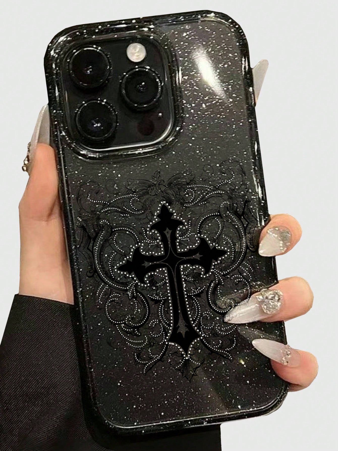 ROMWE 1pc Gothic Style Cross Pattern Transparent Glitter Phone Case, Halloween
