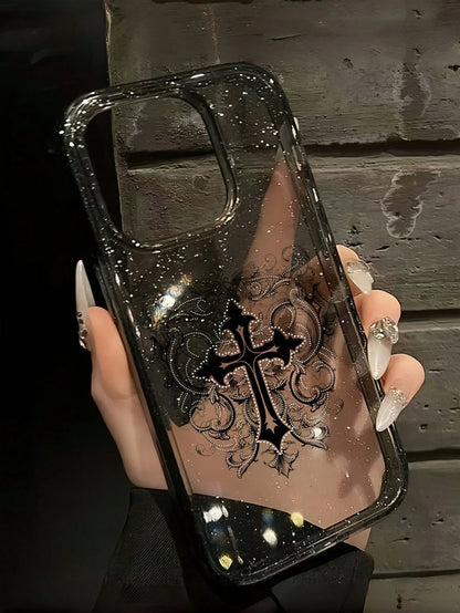 ROMWE 1pc Gothic Style Cross Pattern Transparent Glitter Phone Case, Halloween