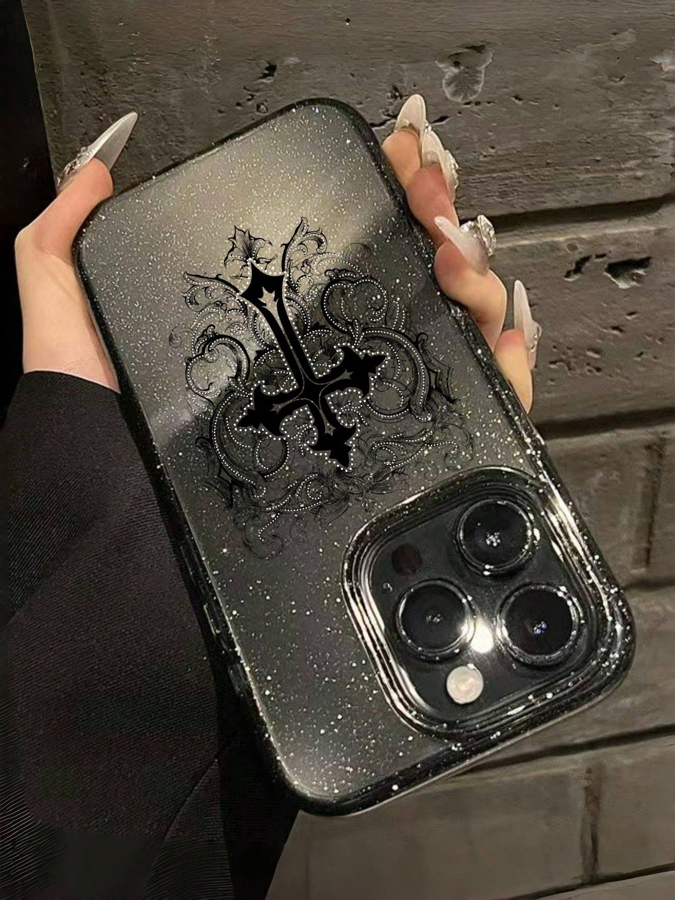 ROMWE 1pc Gothic Style Cross Pattern Transparent Glitter Phone Case, Halloween
