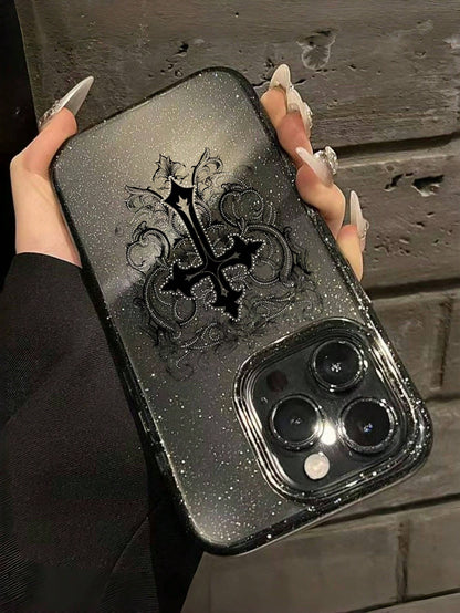 ROMWE 1pc Gothic Style Cross Pattern Transparent Glitter Phone Case, Halloween