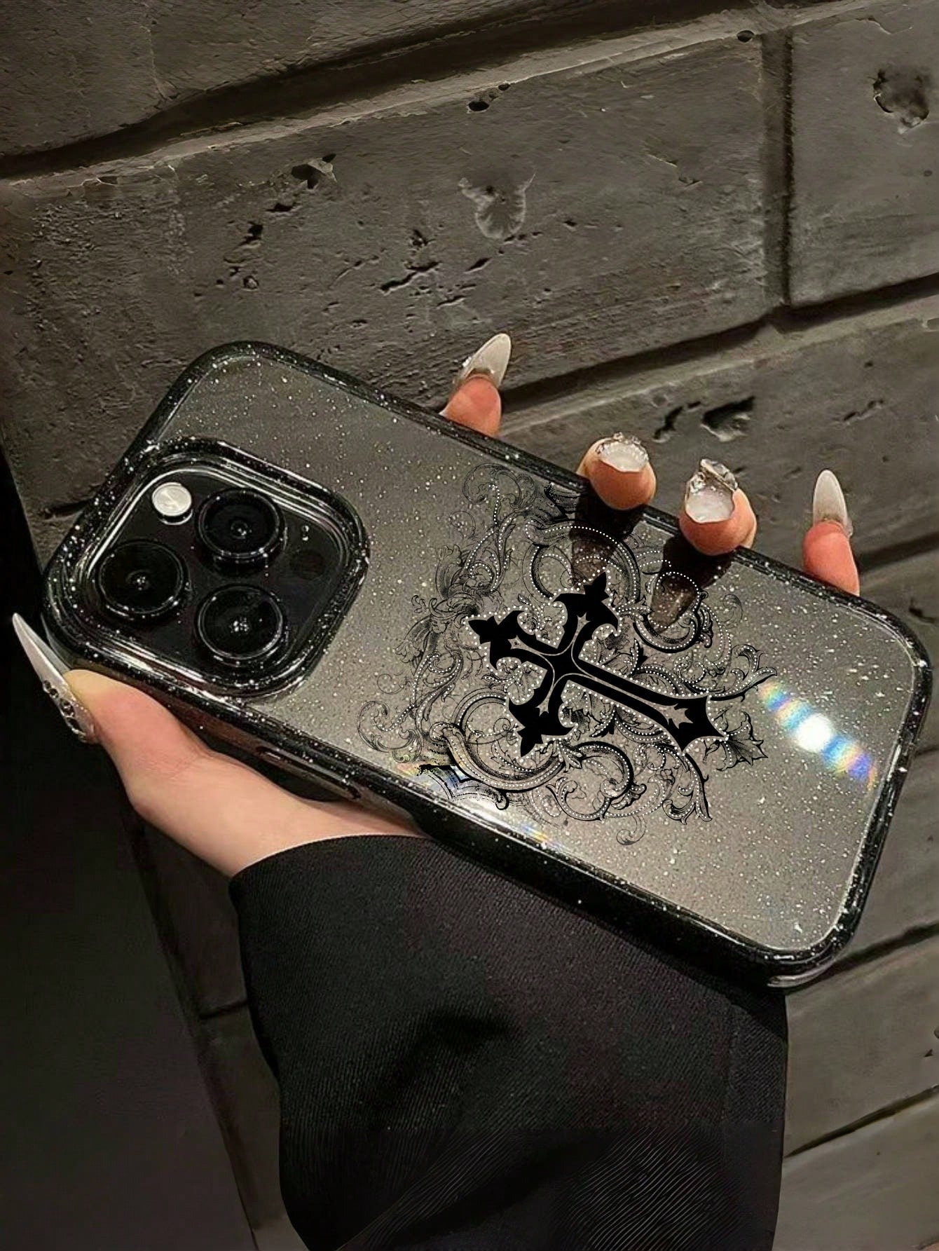 ROMWE 1pc Gothic Style Cross Pattern Transparent Glitter Phone Case, Halloween