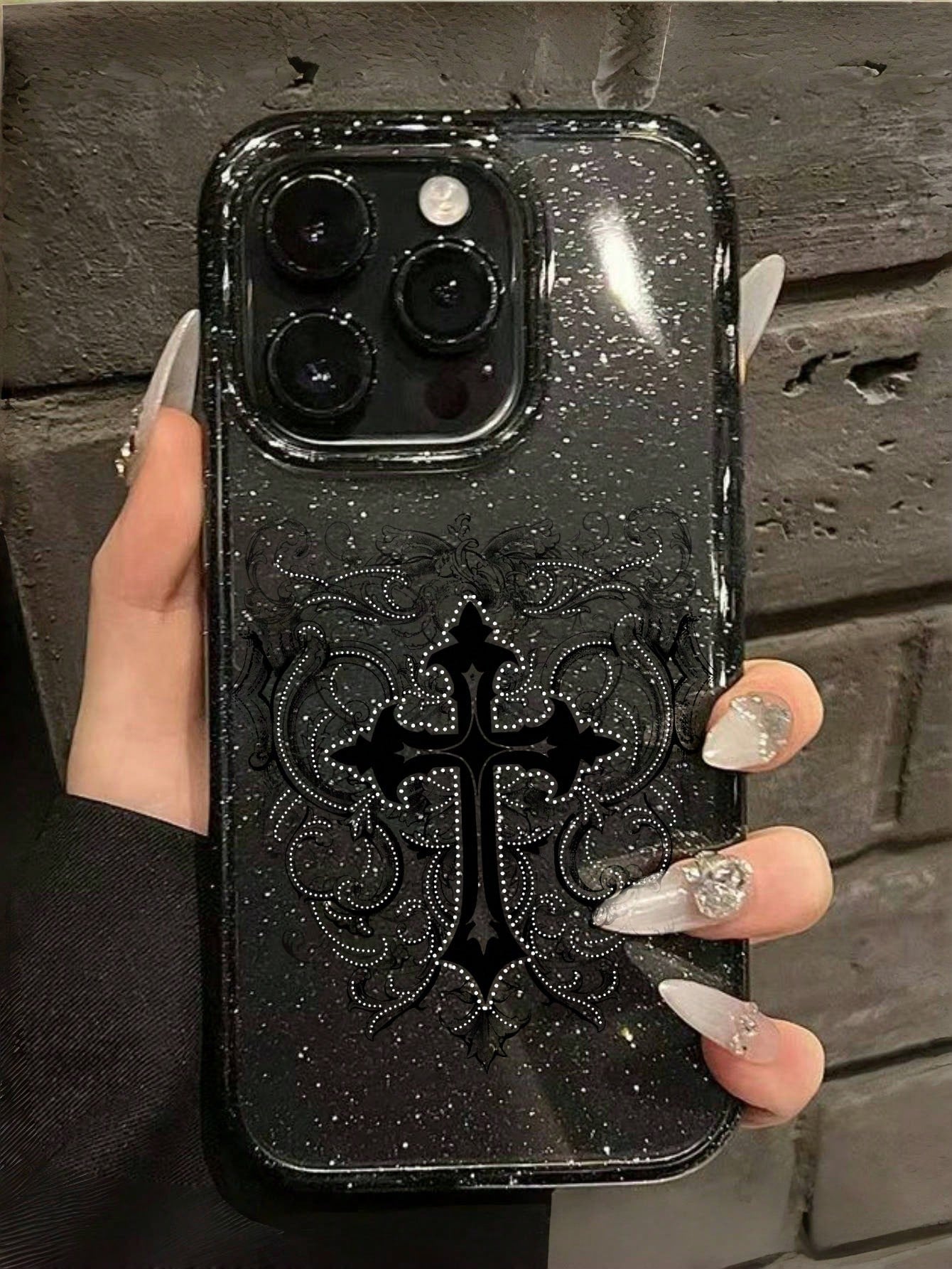 ROMWE 1pc Gothic Style Cross Pattern Transparent Glitter Phone Case, Halloween