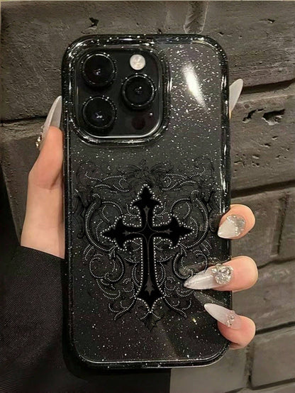 ROMWE 1pc Gothic Style Cross Pattern Transparent Glitter Phone Case, Halloween