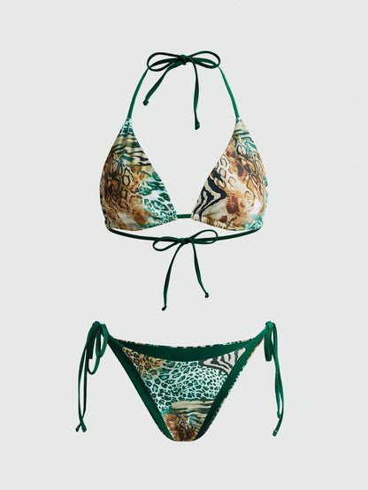 ROMWE Avant 2025 Sexy Vintage Leopard Print Pattern Bikini 2 Pieces Set For Women Vacation Beach Summer
