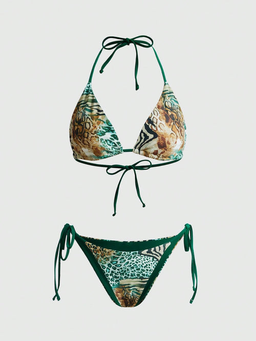 ROMWE Avant 2025 Sexy Vintage Leopard Print Pattern Bikini 2 Pieces Set For Women Vacation Beach Summer