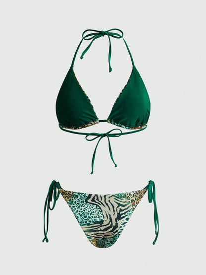 ROMWE Avant 2025 Sexy Vintage Leopard Print Pattern Bikini 2 Pieces Set For Women Vacation Beach Summer
