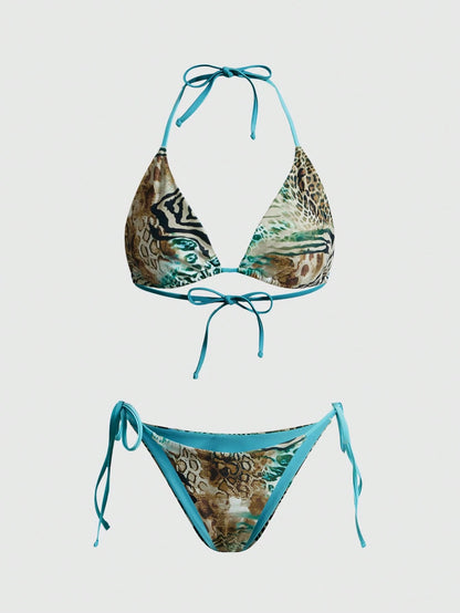 ROMWE Avant 2025 Sexy Vintage Leopard Print Pattern Bikini 2 Pieces Set For Women Vacation Beach Summer
