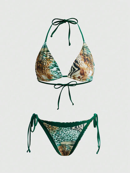 ROMWE Avant 2025 Sexy Vintage Leopard Print Pattern Bikini 2 Pieces Set For Women Vacation Beach Summer