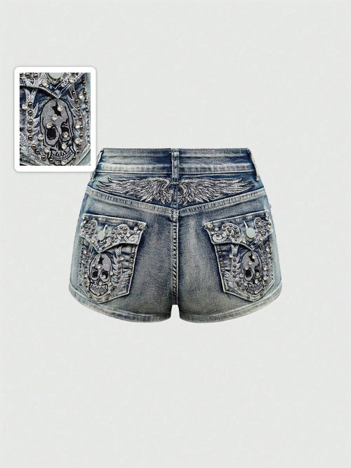 ROMWE Avant Spring/Summer Women's Y2K Vintage Wing Skeleton Embroidered Super Short Low Waist Denim Shorts