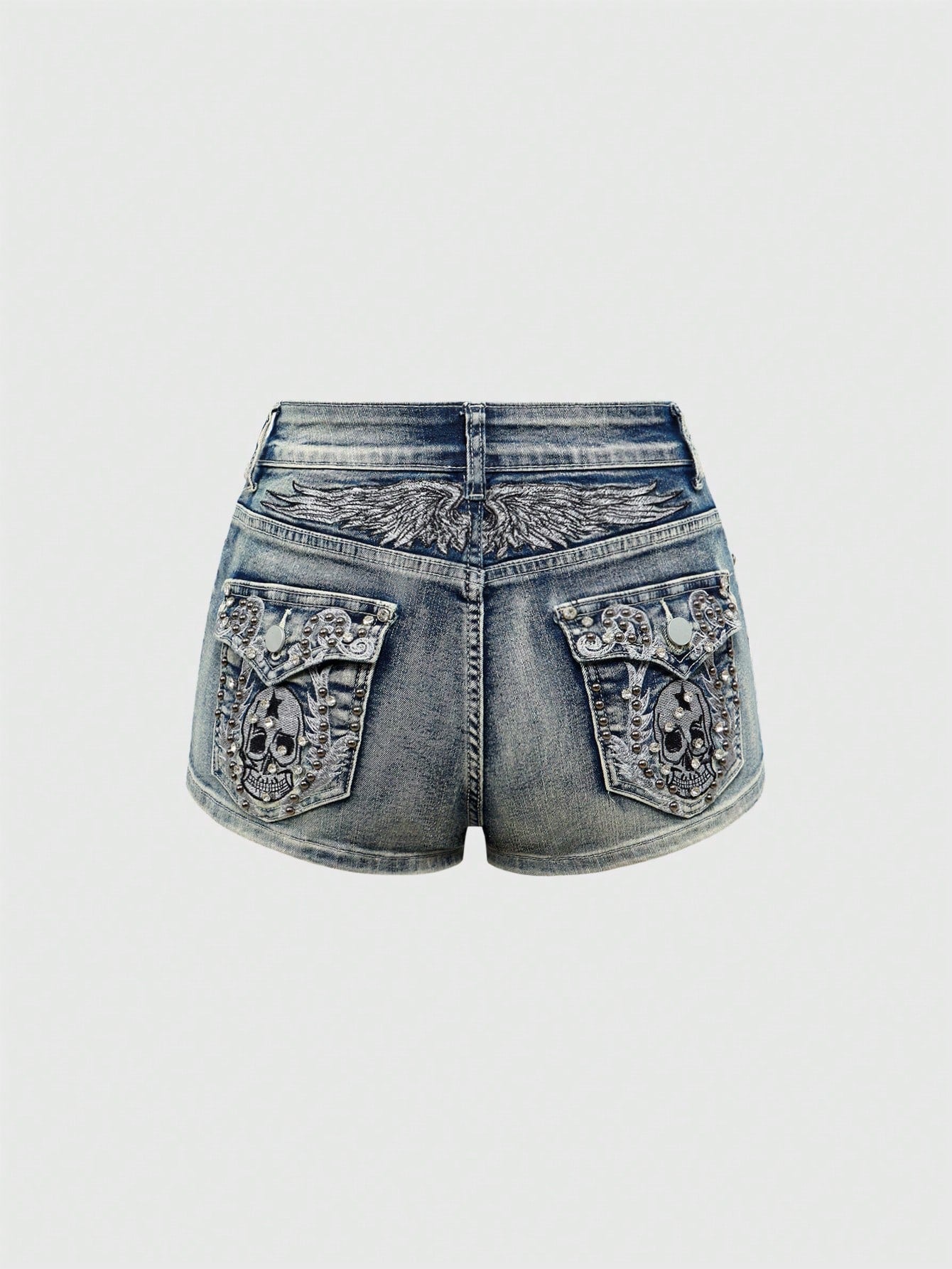 ROMWE Avant Spring/Summer Women's Y2K Vintage Wing Skeleton Embroidered Super Short Low Waist Denim Shorts
