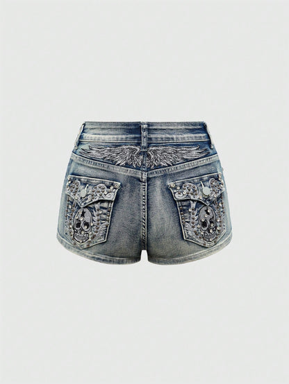 ROMWE Avant Spring/Summer Women's Y2K Vintage Wing Skeleton Embroidered Super Short Low Waist Denim Shorts