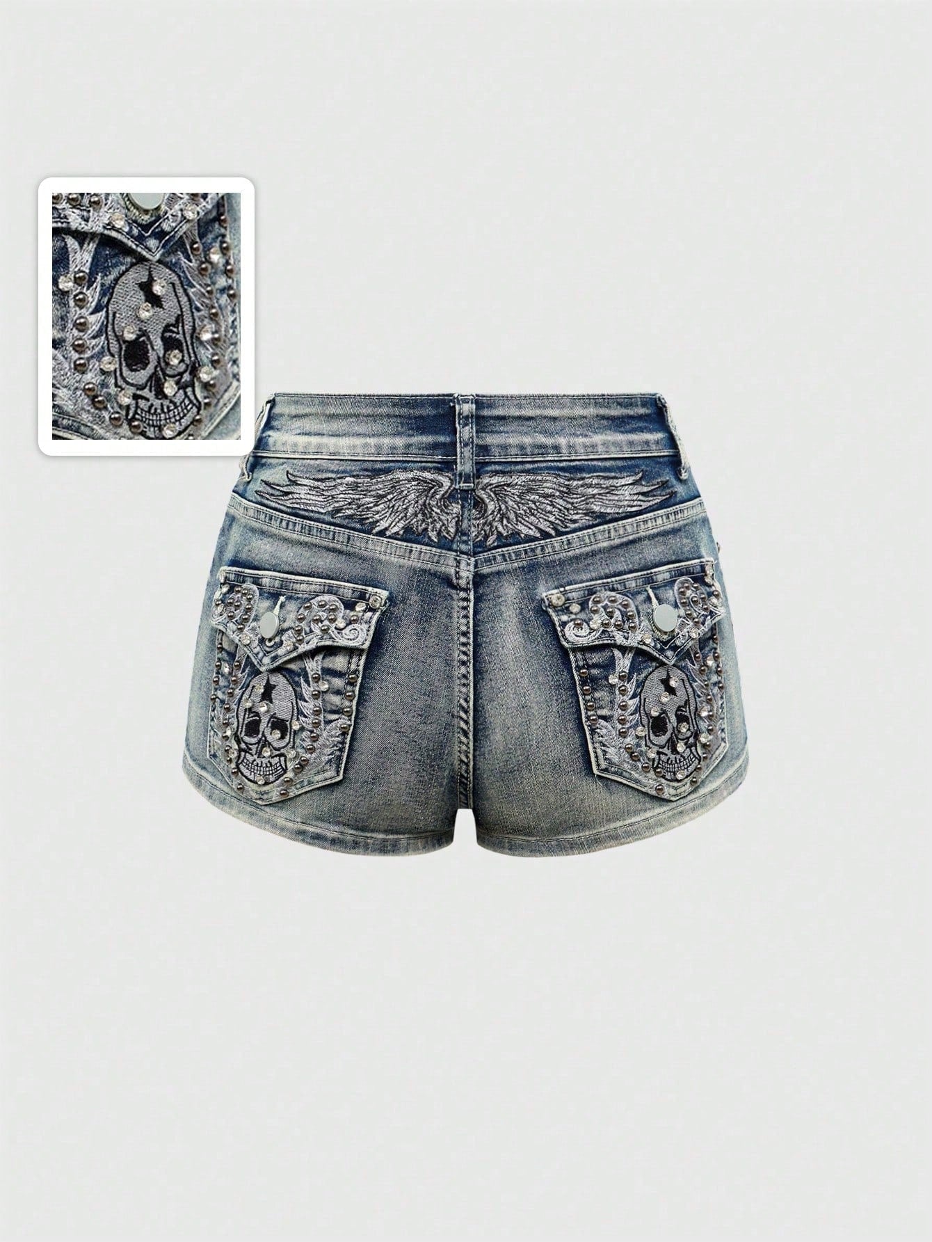 ROMWE Avant Spring/Summer Women's Y2K Vintage Wing Skeleton Embroidered Super Short Low Waist Denim Shorts