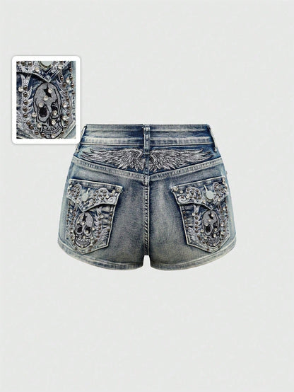 ROMWE Avant Spring/Summer Women's Y2K Vintage Wing Skeleton Embroidered Super Short Low Waist Denim Shorts