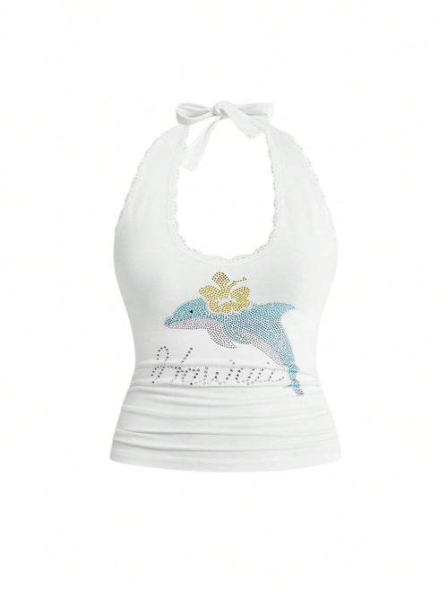 ROMWE Avant Y2K Casual Relaxed Cute Dolphin Graphic Rhinestone Embellished Tank Top For Women, Suitable For Island Vacation