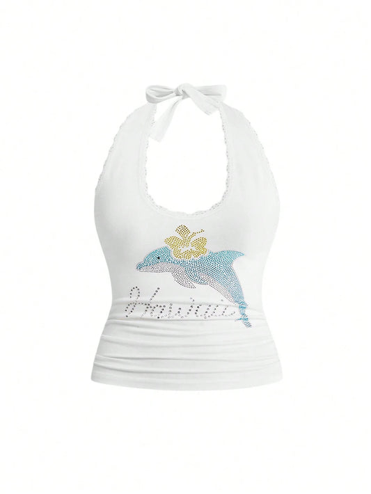 ROMWE Avant Y2K Casual Relaxed Cute Dolphin Graphic Rhinestone Embellished Tank Top For Women, Suitable For Island Vacation