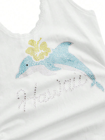 ROMWE Avant Y2K Casual Relaxed Cute Dolphin Graphic Rhinestone Embellished Tank Top For Women, Suitable For Island Vacation