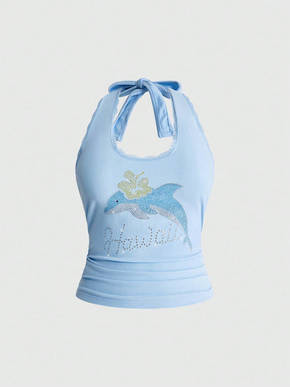 ROMWE Avant Y2K Casual Relaxed Cute Dolphin Graphic Rhinestone Embellished Tank Top For Women, Suitable For Island Vacation