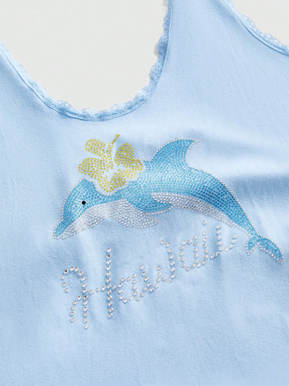 ROMWE Avant Y2K Casual Relaxed Cute Dolphin Graphic Rhinestone Embellished Tank Top For Women, Suitable For Island Vacation